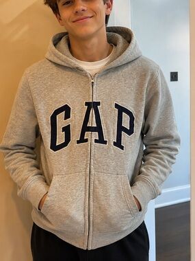 GAP Kids Light Gray Sherpa-Lined Zip Hoodie with Navy Logo